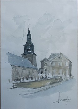 EGLISE DE LATOUR - 1969 。aquarelle encadrée 。70x50 。800€